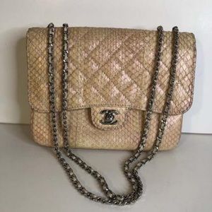 Chanel Medium Single Flap Pink Snake Leather Bag